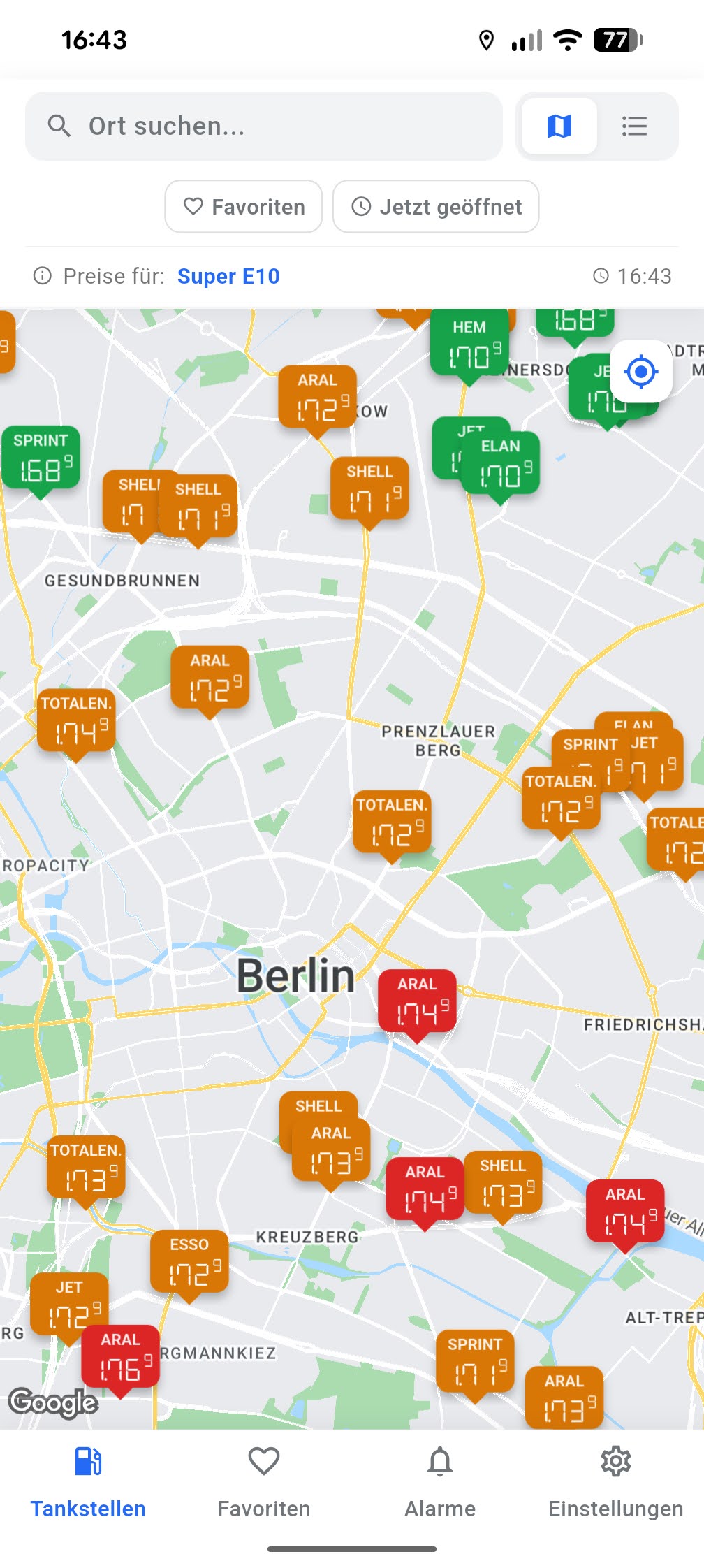 Interaktive Karte der SpritCheck App, um günstig tanken in der Nähe zu finden