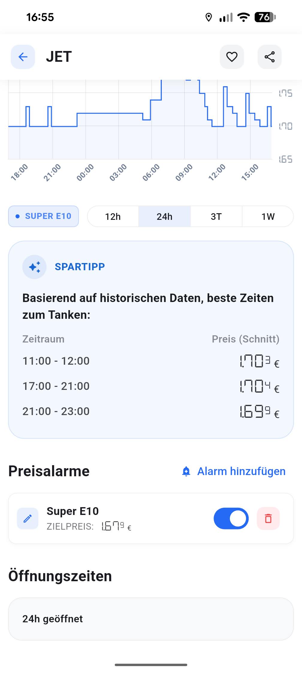 Smarte Vorhersage in der Spritpreise App für den günstigsten Tankzeitpunkt