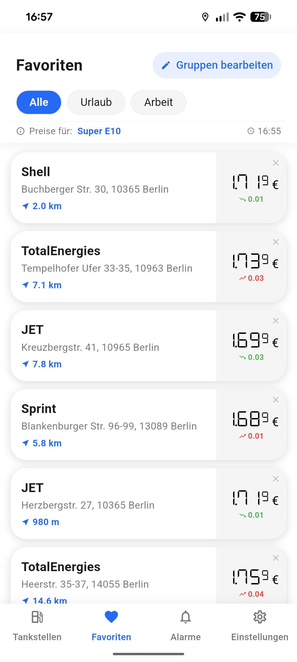 Favoriten-Dashboard zum Spritpreise vergleichen in der Tanken App