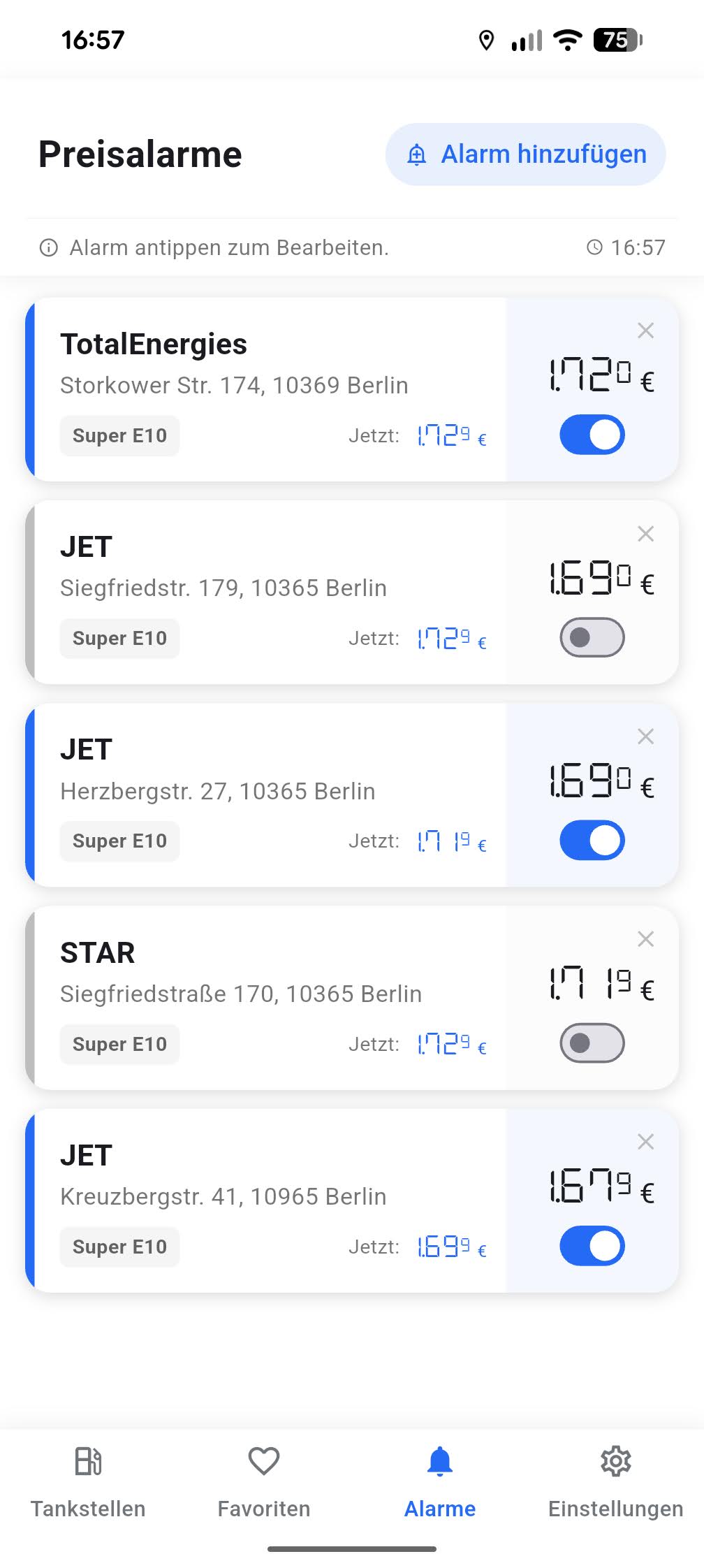Tankalarm App Übersicht für fallende Benzinpreise und Dieselpreise